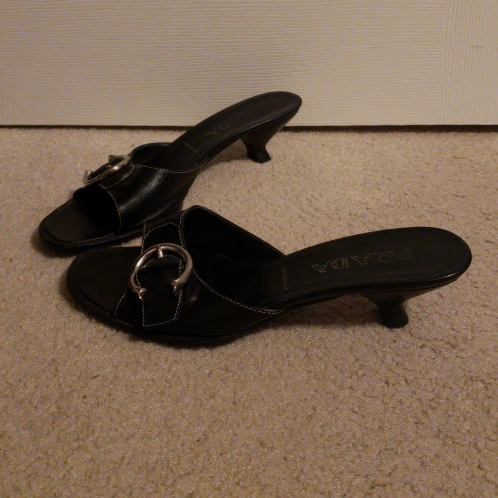 Prada Black Leather Open-Toe Kitten Heel Slides with Silver Buckle
